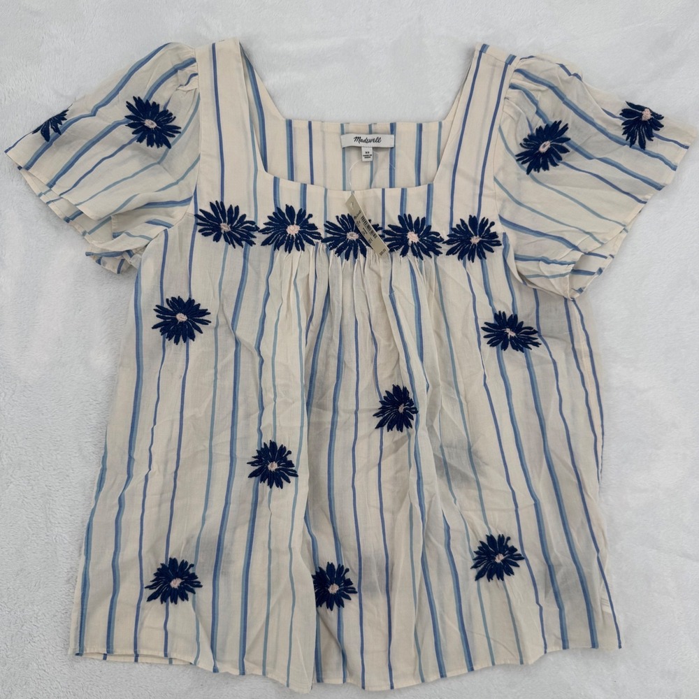 Madewell Floral Embroidered Cottagecore Top Blue Stripes Daisies Size XS NWT
